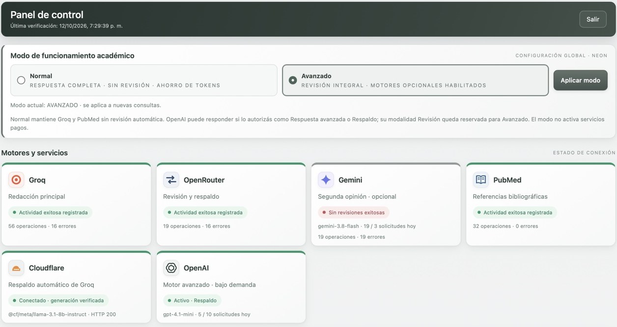 Captura real de la consola: motores Groq, OpenRouter, Gemini, PubMed, Cloudflare y OpenAI