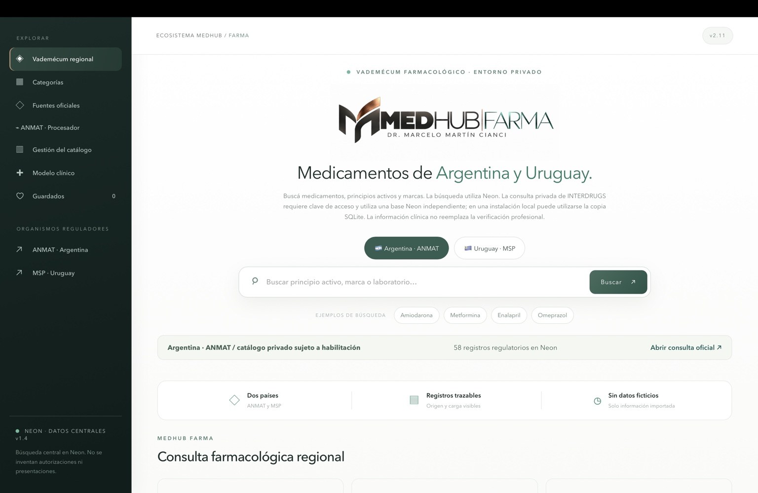 Pantalla real de MEDHUB FARMA: medicamentos de Argentina y Uruguay